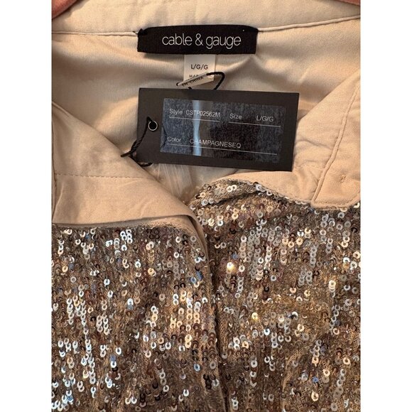 Cable & Gauge L Metallic Champagne Sequin Button Down Collar Long Sleeve Shirt - Picture 6 of 7